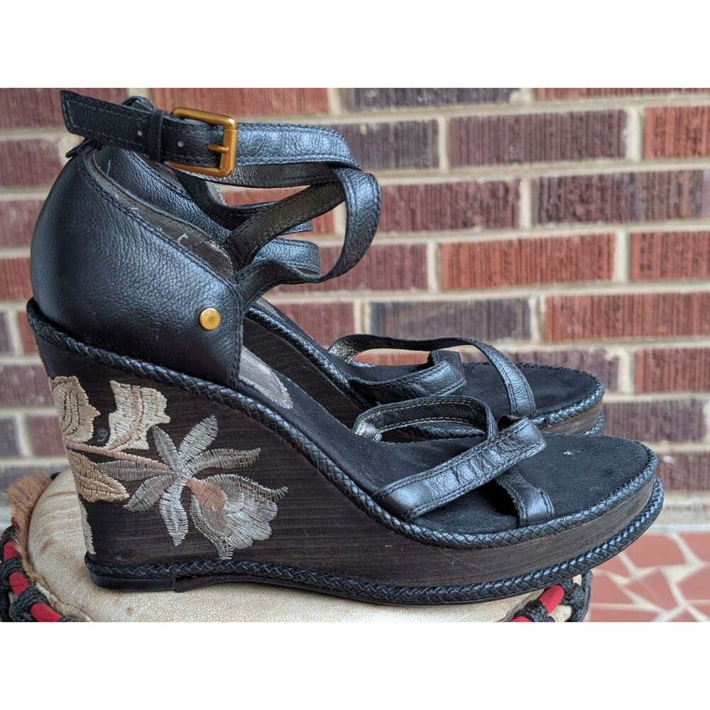 J VINCENT Wedge Leather Sandals -Floral Embroidered-Black- Size 10M